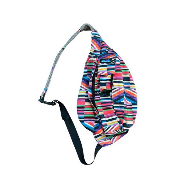 KAVU RAINBOW Sling Bag Vibrant! Striped Candy Large Pockets Zip Clean Purse - Picture 1 of 9